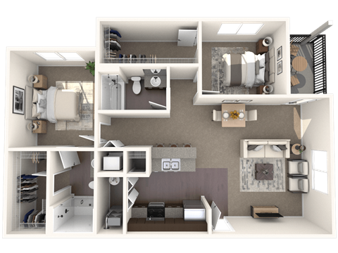 Floor plan for 2 beds, 2 baths, 1037 sqft